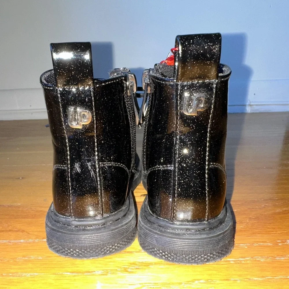 Ground Up Boots Girls 9 Black Glitter Patent Combat Lace Up Side Zip Ankle Youth